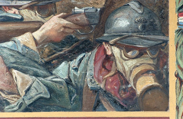 Ariège. Pamiers, cathédrale, détail des soldats portant des masques à gaz.