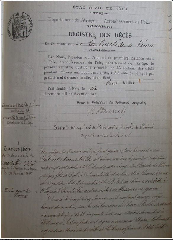 Extrait du registre de décès de La Bastide-de Sérou (09).