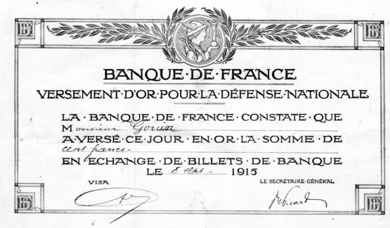 Reçu de la Banque de France de cent francs en or par monsieur Gouin le 8 mai 1915.
