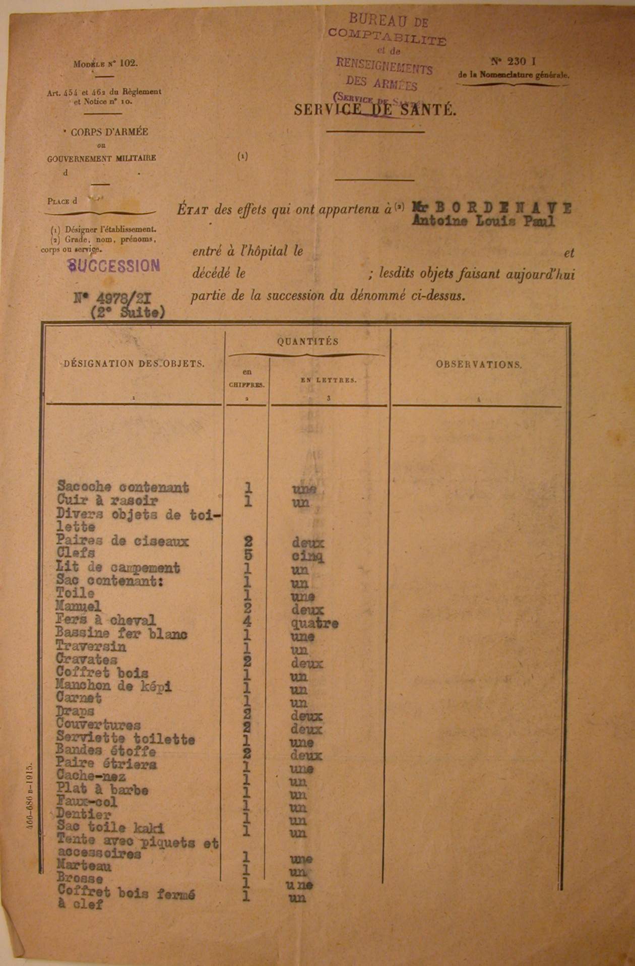 Liste des effets ayant appartenu à Antoine Louis Paul Bordenave habitant Bélesta (09).