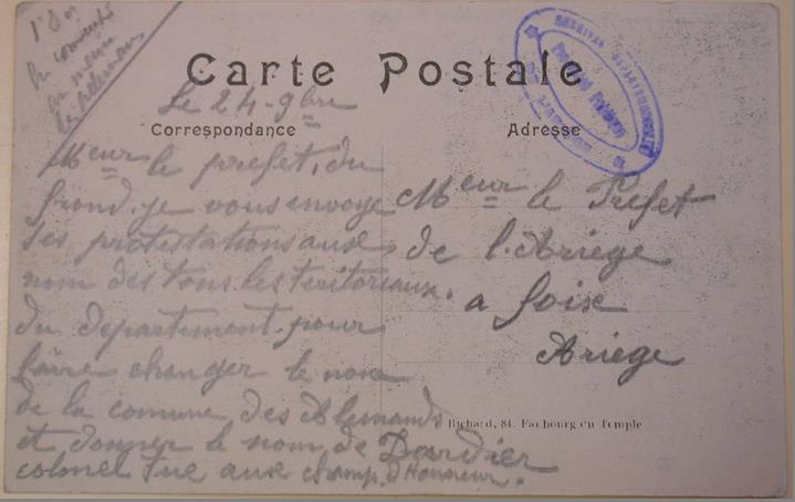 Carte correspondance de La Tour-du-Crieu adressée par les soldats du 134e R. I. T. au préfet de l’Ariège 