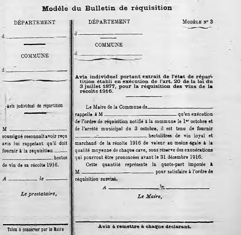 Modèle du bulletin de réquisition de vins de la récolte de 1916.