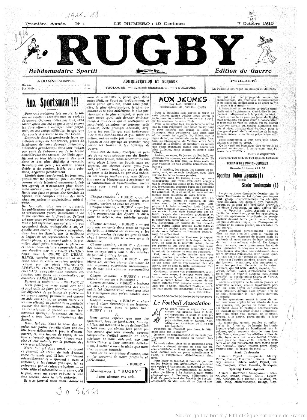 Premier numéro de l’hebdomadaire sportif “RUGBY”.
