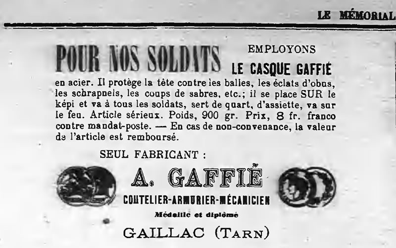Publicité du casque Gaffié parue le 9 janvier 1915 dans le « Mémorial de Gaillac »