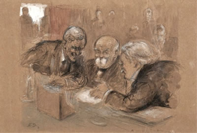 Une caricature de Woodrow Wilson avec Georges Clemenceau et David Lloyd George à la Conférence de paix de Paris