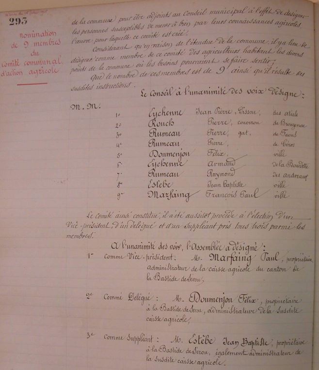 Comité communal d’action agricole nommé par la commune de La Bastide-de-Sérou (Ariège).