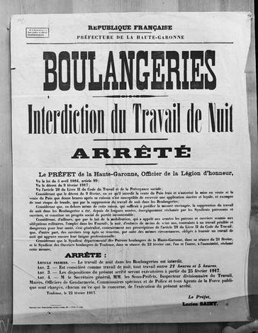 Affiche du préfet de la Haute-Garonne interdisant le travail de nuit des boulangers.