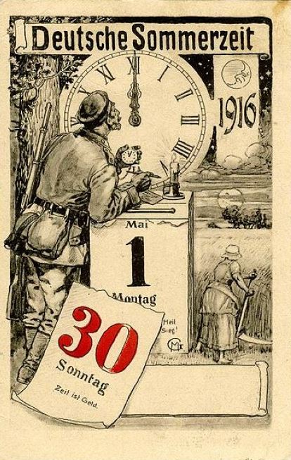 Carte postale informant du changement d’heure en Allemagne au 1er mai 1916.