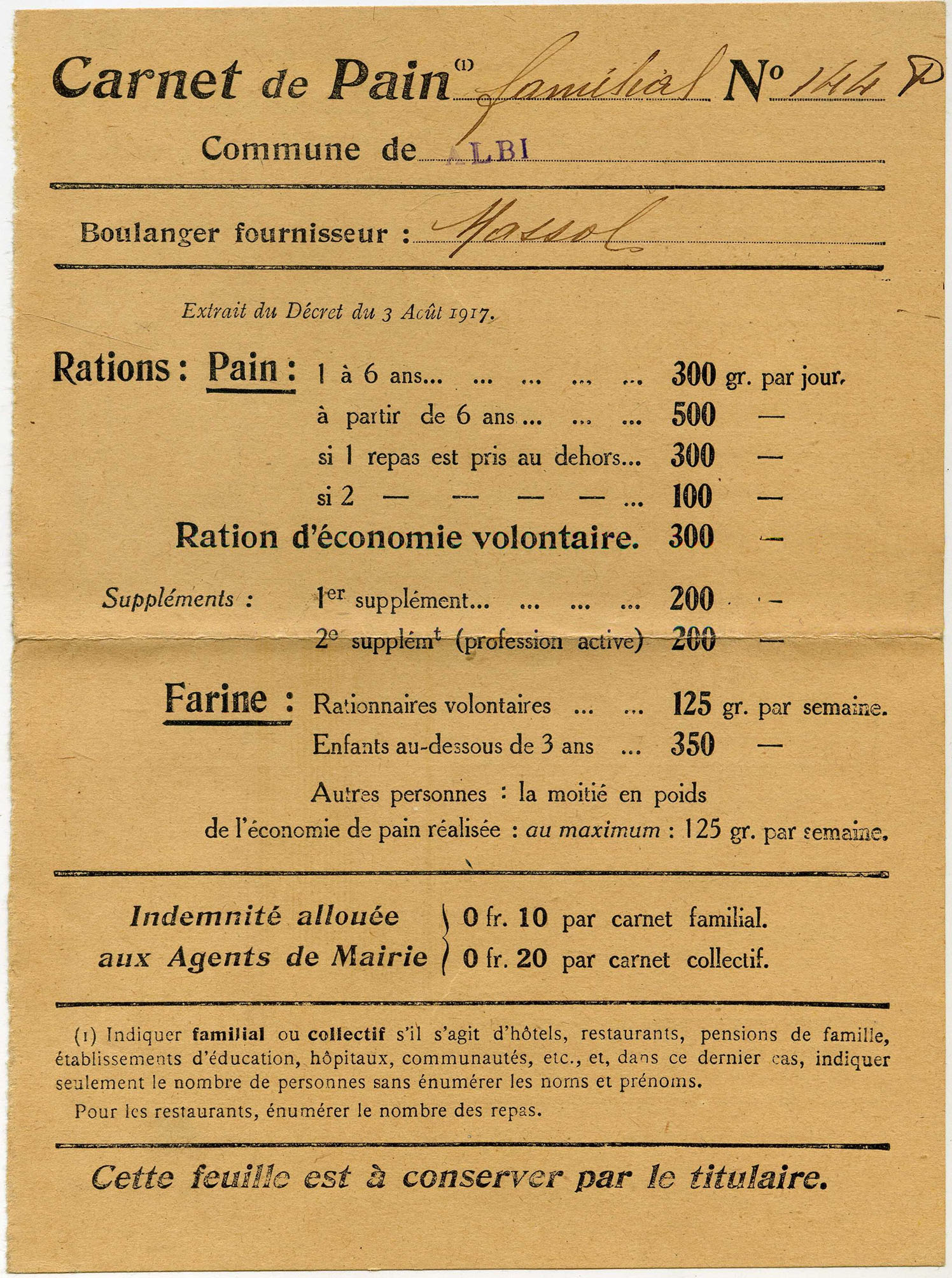 Carnet de pain de la famille Paul Peret
